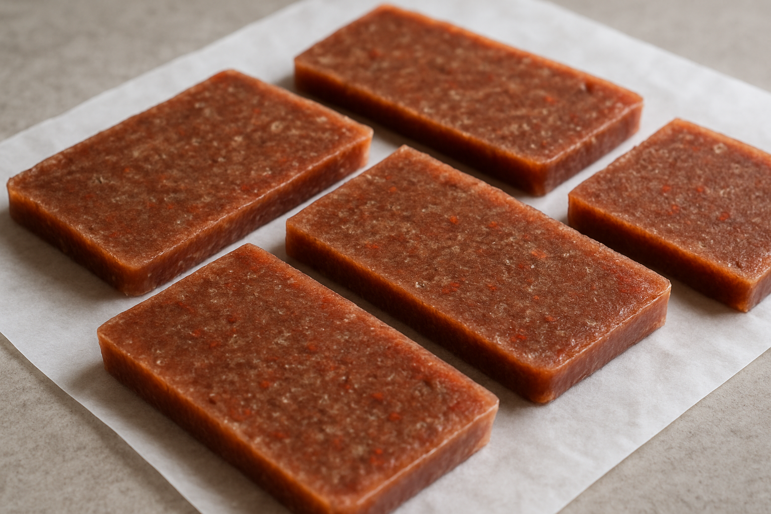 Homemade fish gel food laid out in thin frozen slabs ready for aquarium feeding. Alt: Fresh high-protein homemade gel fish food slabs