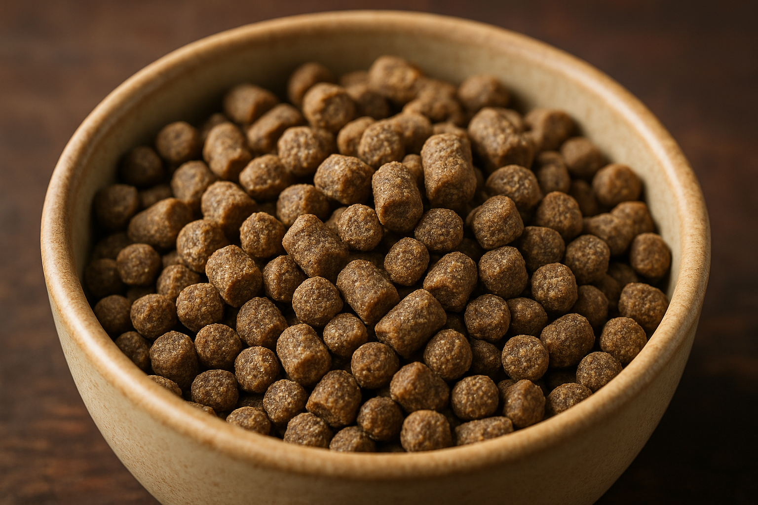 Close-up of sustainable insect-based fish food pellets in a bowl. Alt: Sustainable fish food made from insect proteins for healthy aquatic pets