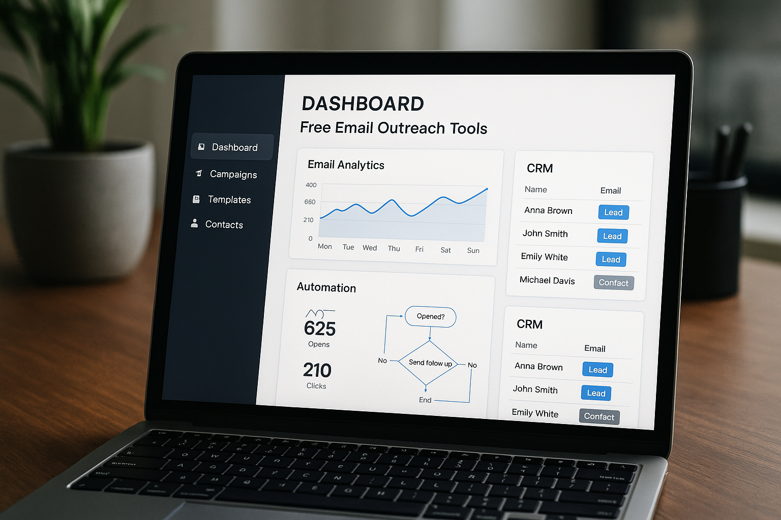 A digital workspace showing a dashboard with email analytics, automation workflows, and CRM integration, symbolizing modern free email outreach tools.