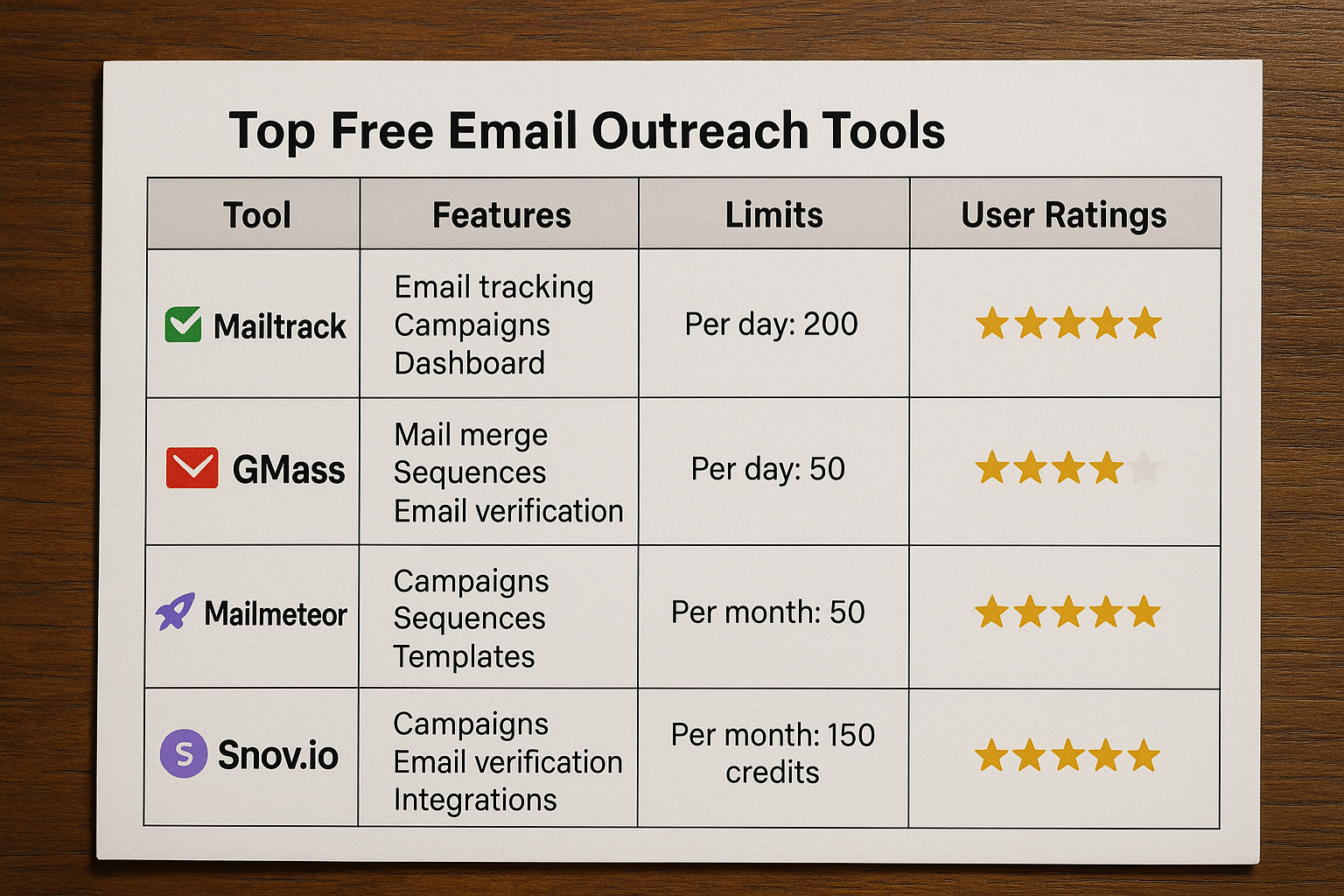 A comparison table of top free email outreach tools showing features, limits, and user ratings.