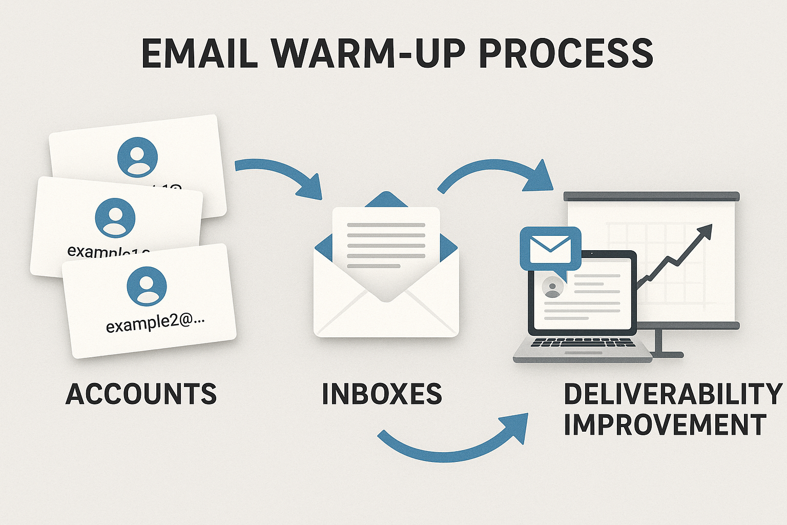 A visual workflow of an email warm-up process, showing accounts, inboxes, replies, and deliverability improvement.