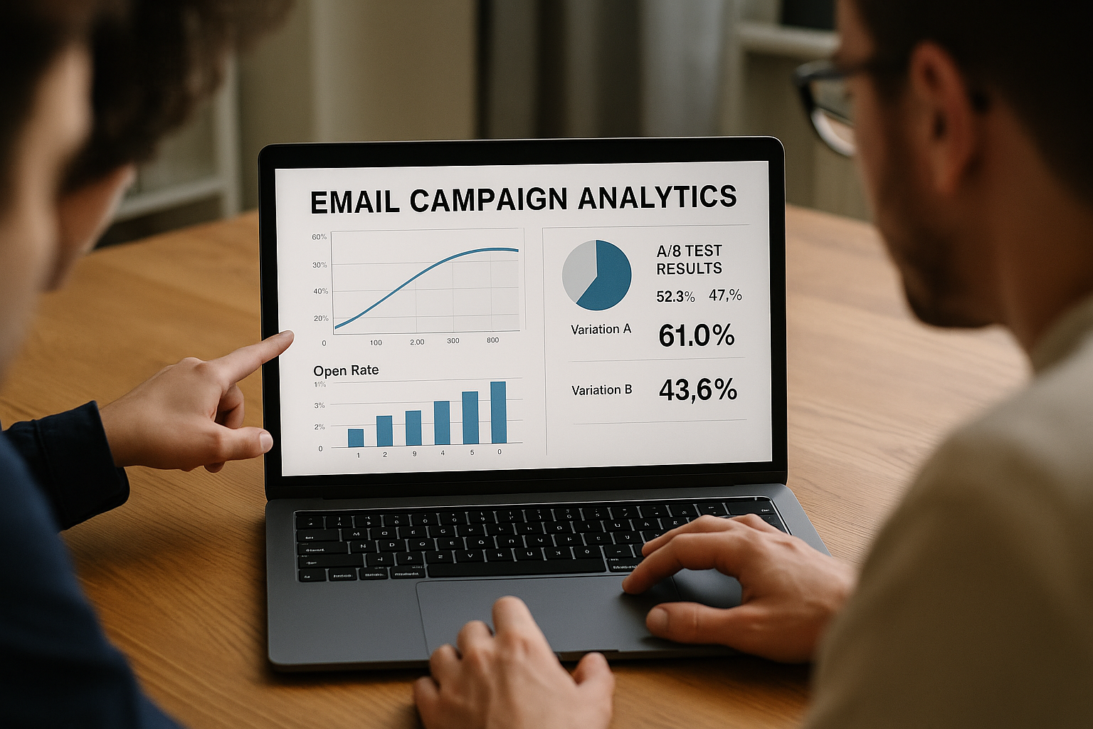 A team reviewing email campaign analytics on a laptop, with graphs and A/B test results visible.