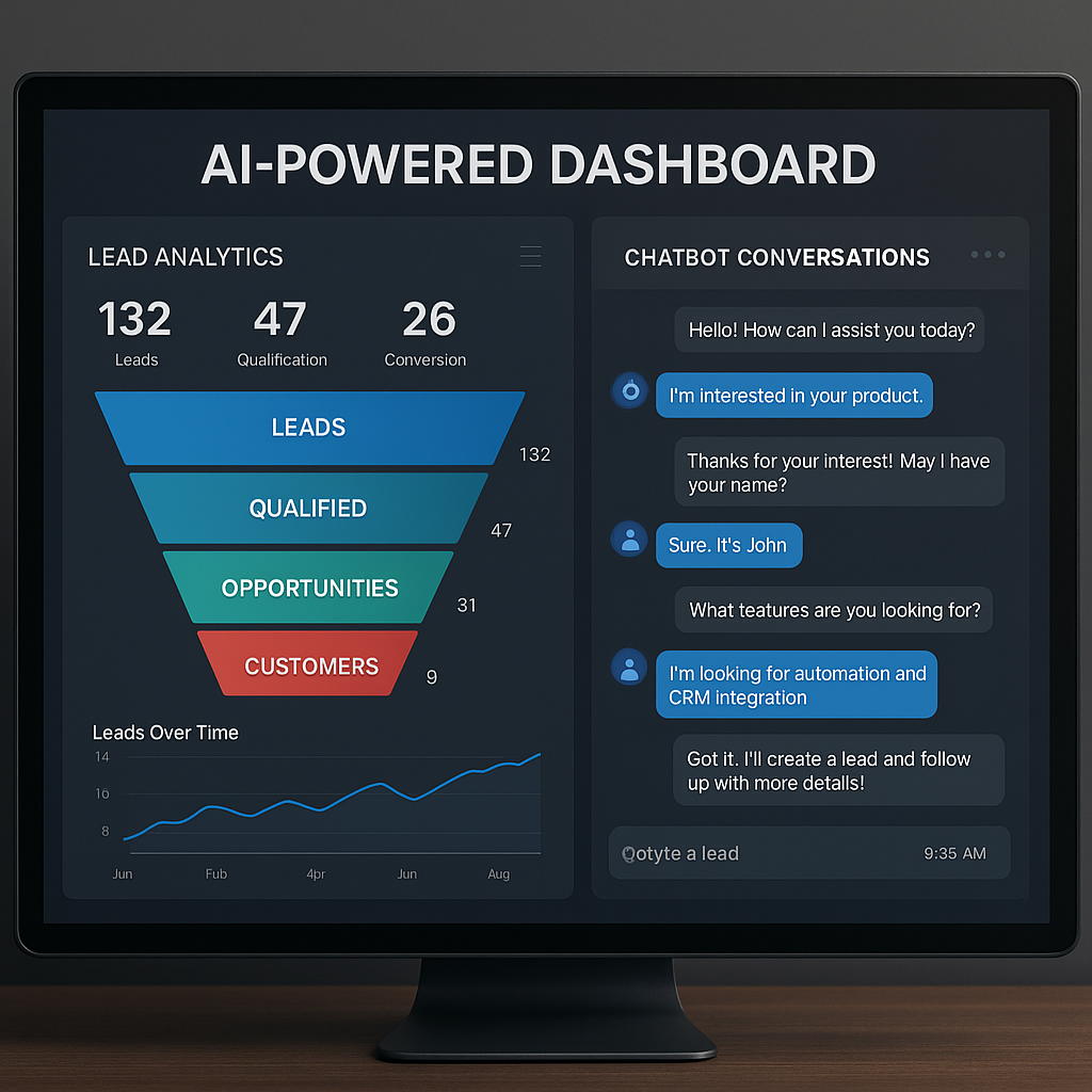 An AI-powered dashboard with real-time lead analytics and chatbot conversations overlayed on a sales funnel.