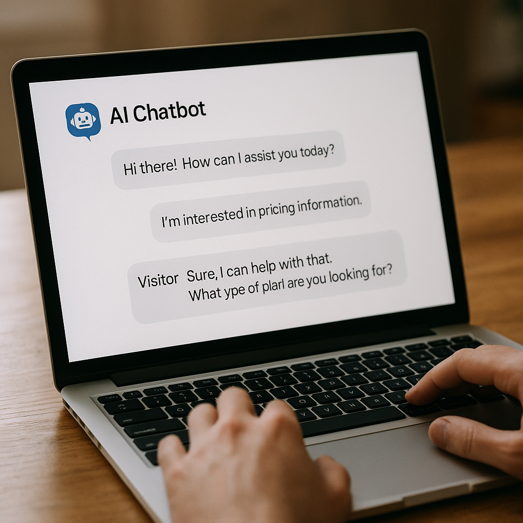 AI chatbot interacting with website visitors, showing personalized questions and real-time responses.