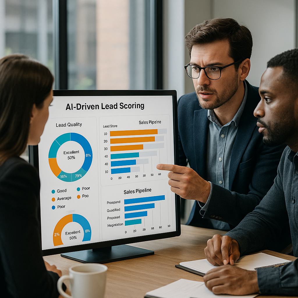 Marketers analyzing an AI-driven lead scoring dashboard with clear visualizations of lead quality and sales pipeline stages.