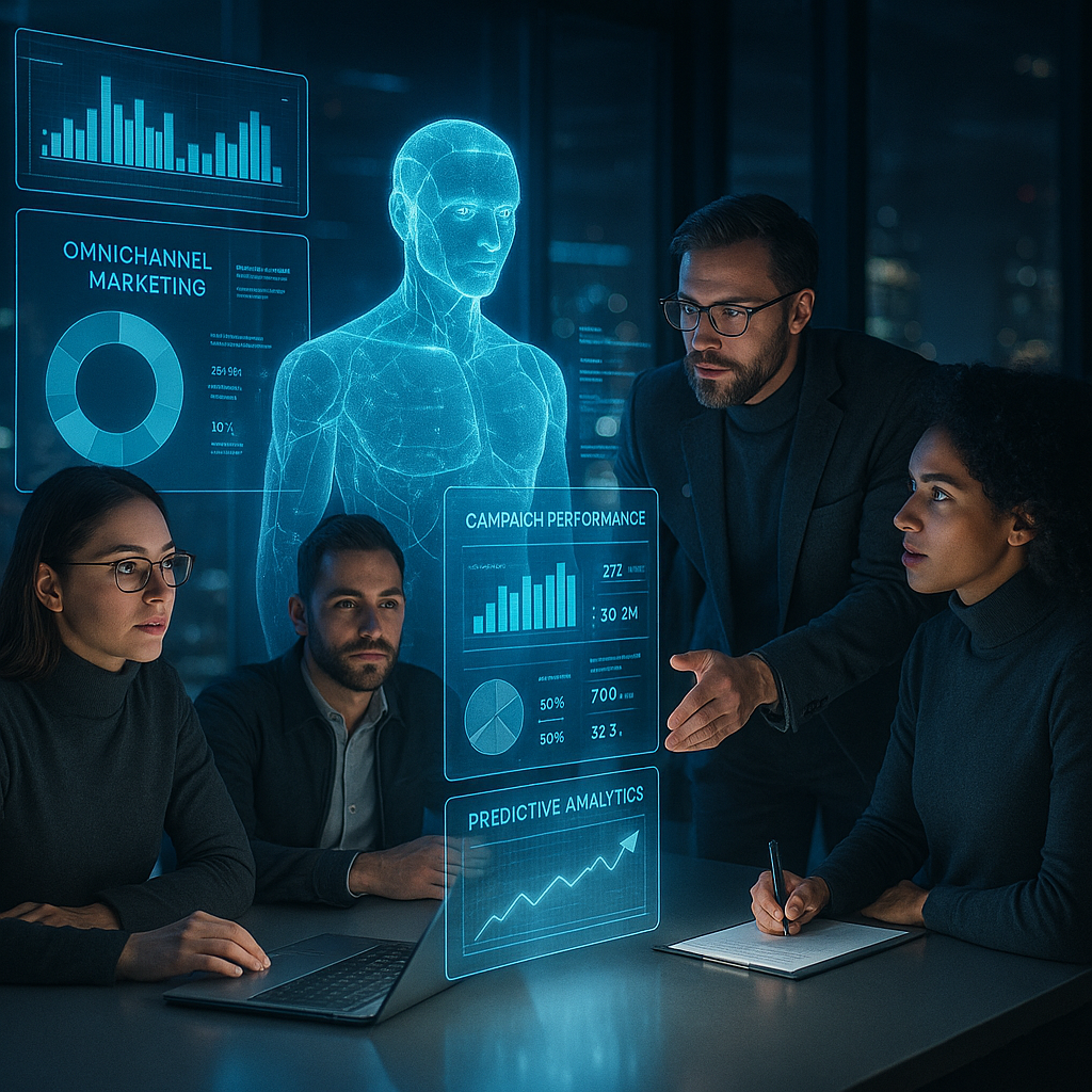 A futuristic marketing team collaborating with an AI hologram, reviewing omnichannel campaign results and predictive analytics.