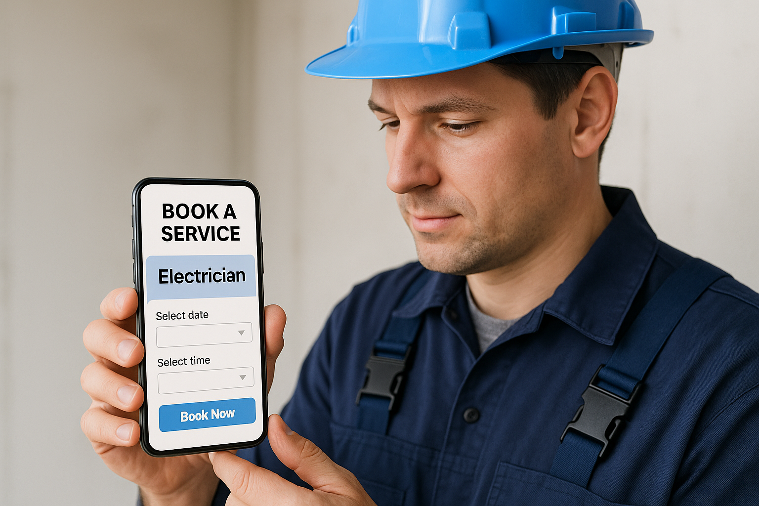 Electrician on a smartphone booking service through a mobile-friendly website