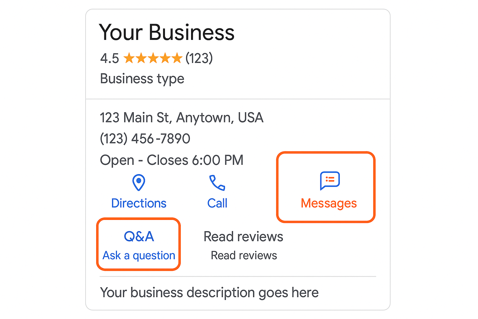 Google Business Profile with highlighted Messages and Q&A features