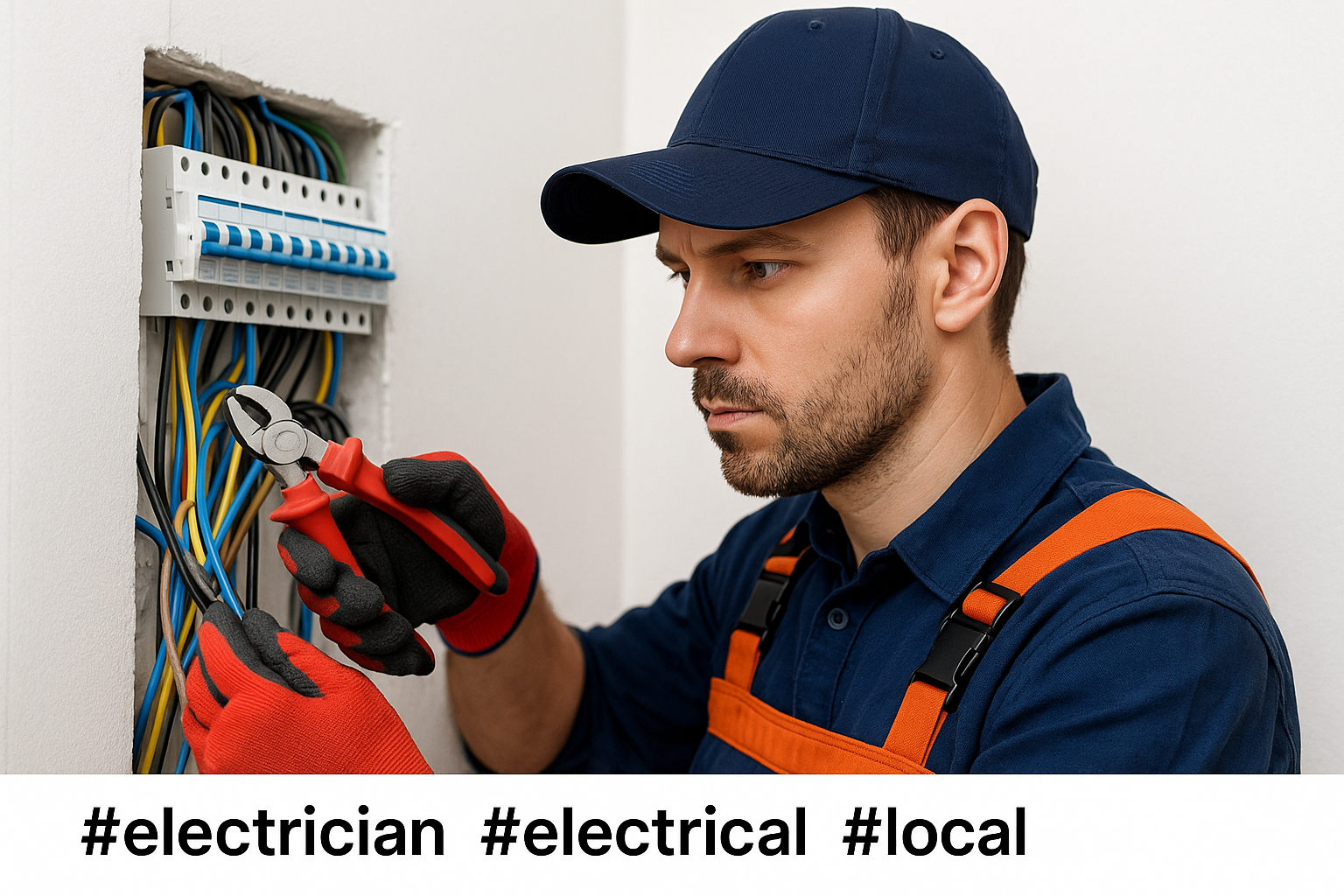 Social media post showing an electrician at work with local hashtags