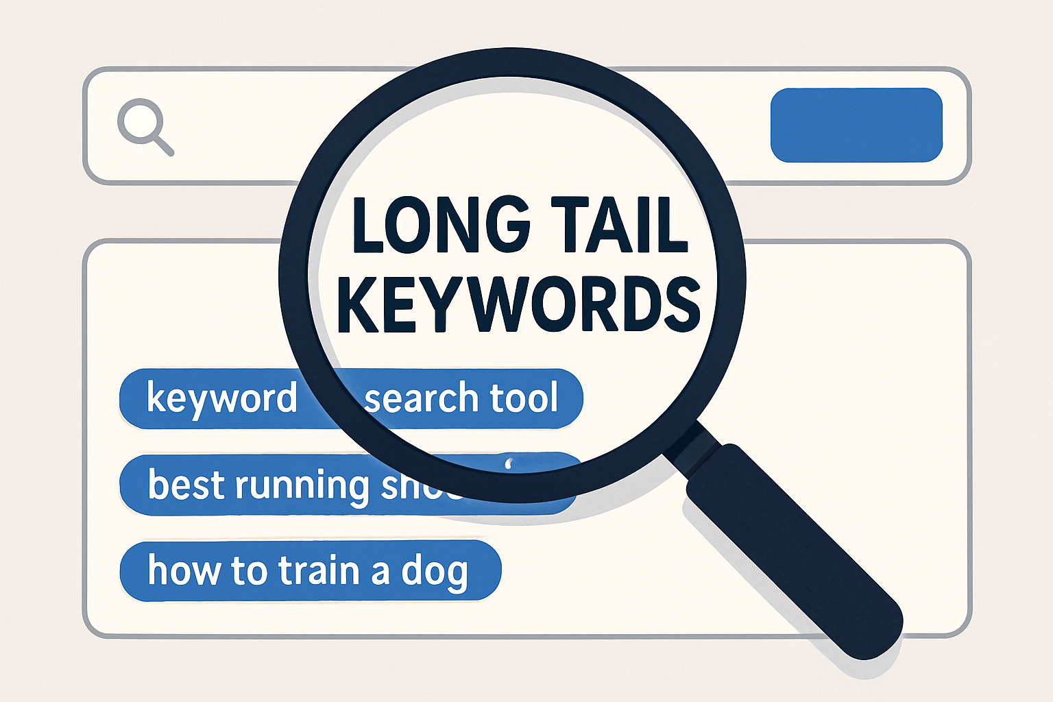 A conceptual AI-generated image of a magnifying glass highlighting long tail keywords on a digital search interface. Alt: Long tail keywords identification with keyword research tools.