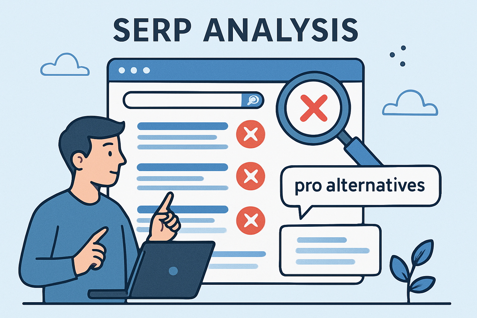 Illustration of SERP analysis highlighting problematic areas on competitor content for keyword optimization. Alt: SERP weaknesses discovery with long tail pro alternatives.