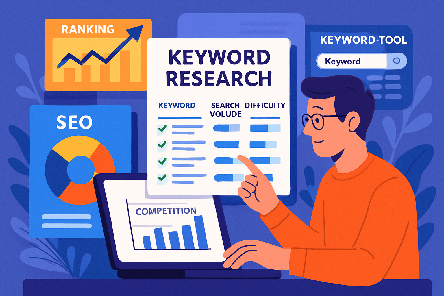 Creative representation of a marketer analyzing keyword research results with multiple tools. Alt: Choosing the best long tail pro alternatives for SEO in 2025.