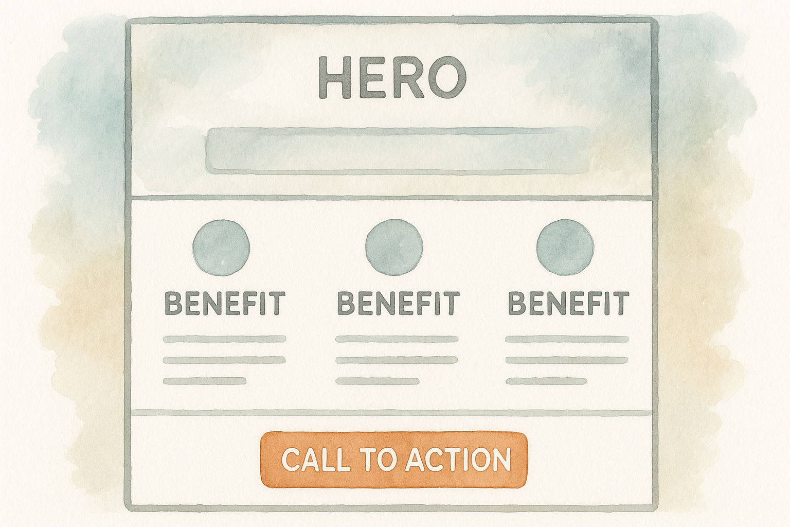 Illustration of content wireframe and CTA placement. Alt: Content wireframe showing hero, benefits, and CTA.