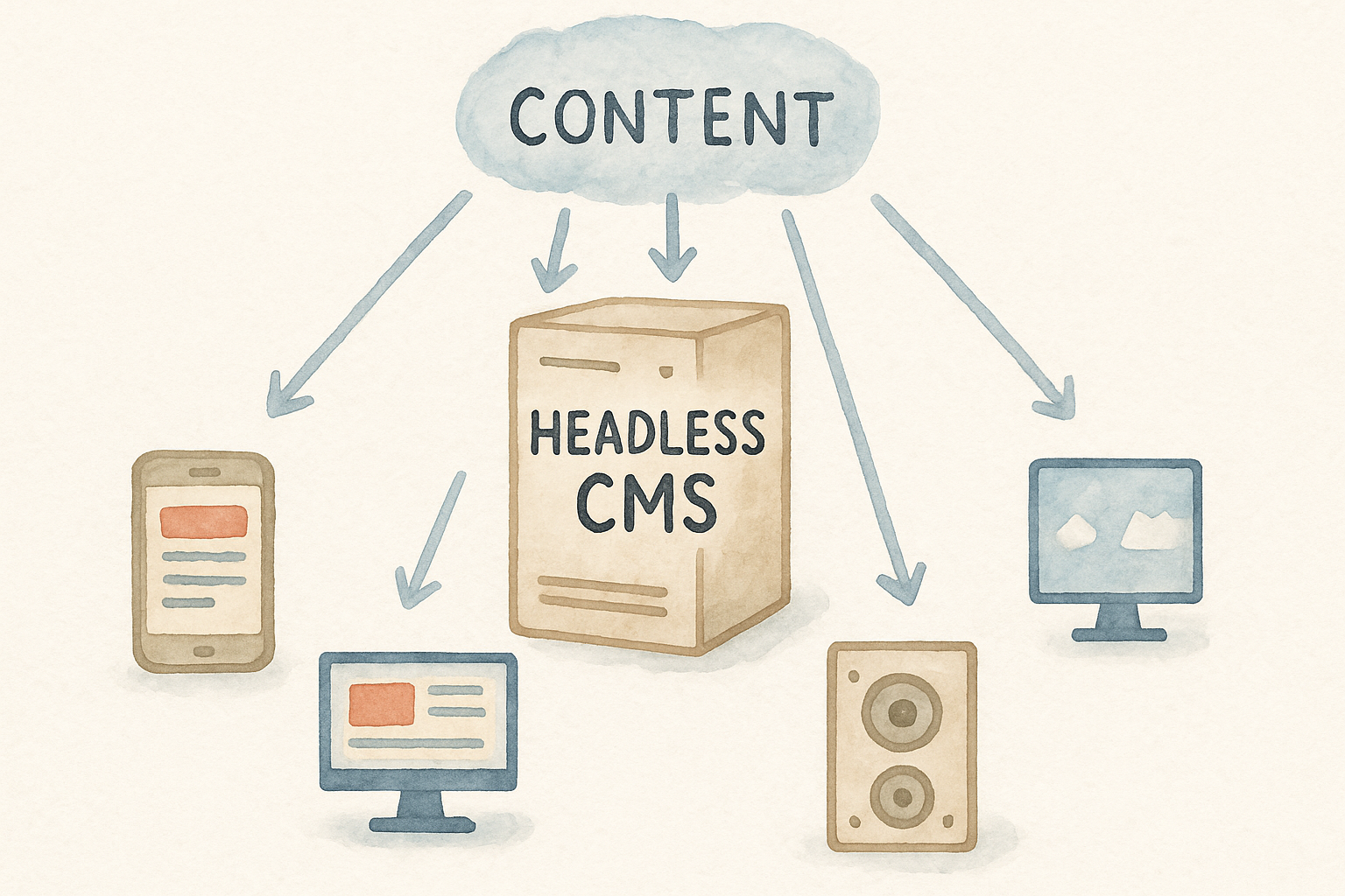 Diagram showing headless CMS delivering content to multiple channels. Alt: Headless CMS architecture diagram.