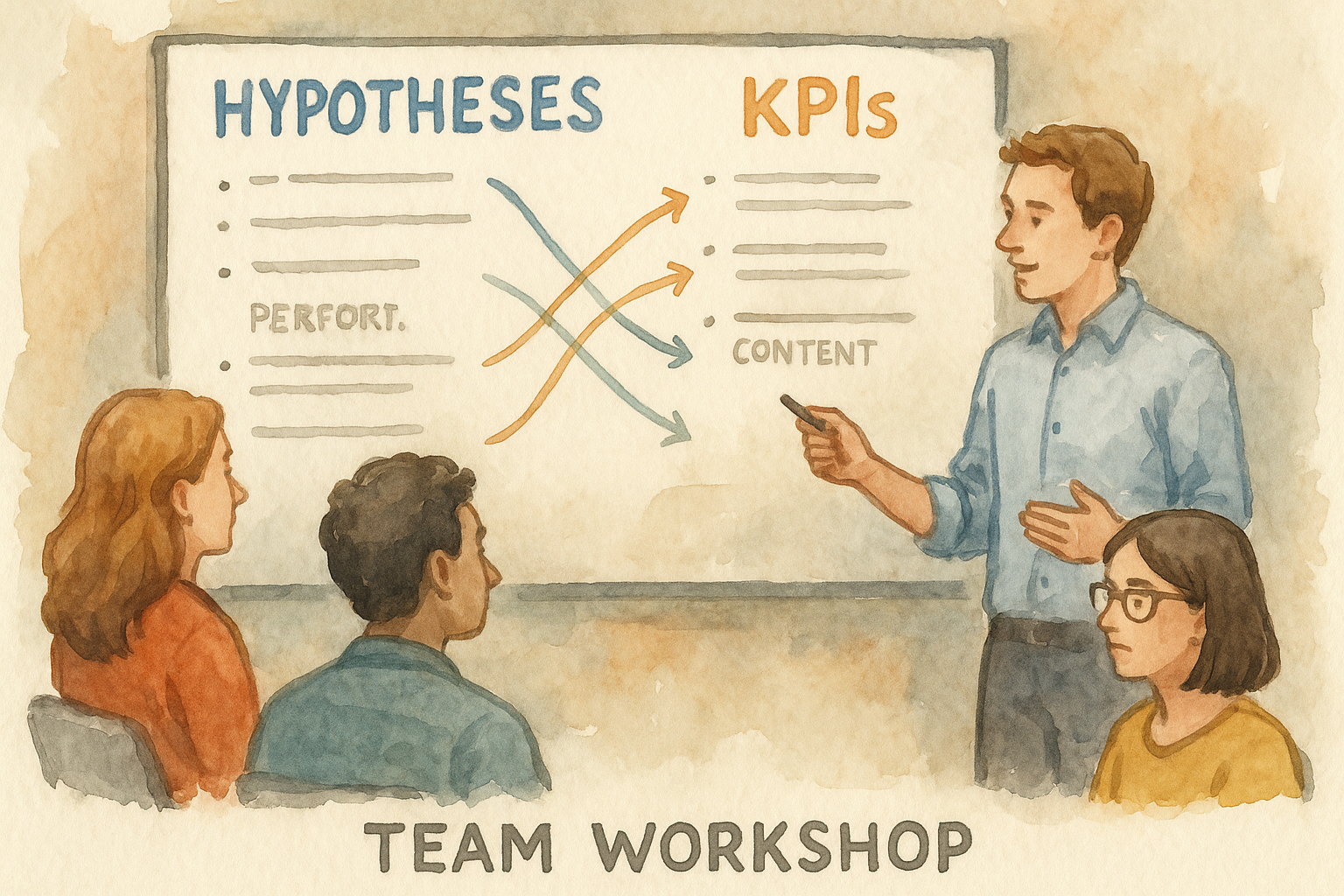 A team workshop with a whiteboard mapping hypotheses to KPIs for performance content. Alt: Team workshop mapping hypotheses to KPIs.