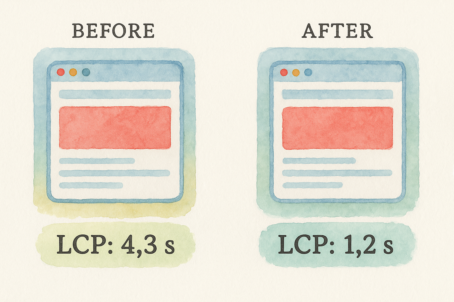 A before-and-after screenshot showing LCP improvement for a landing page. Alt: Before and after LCP improvement screenshot.