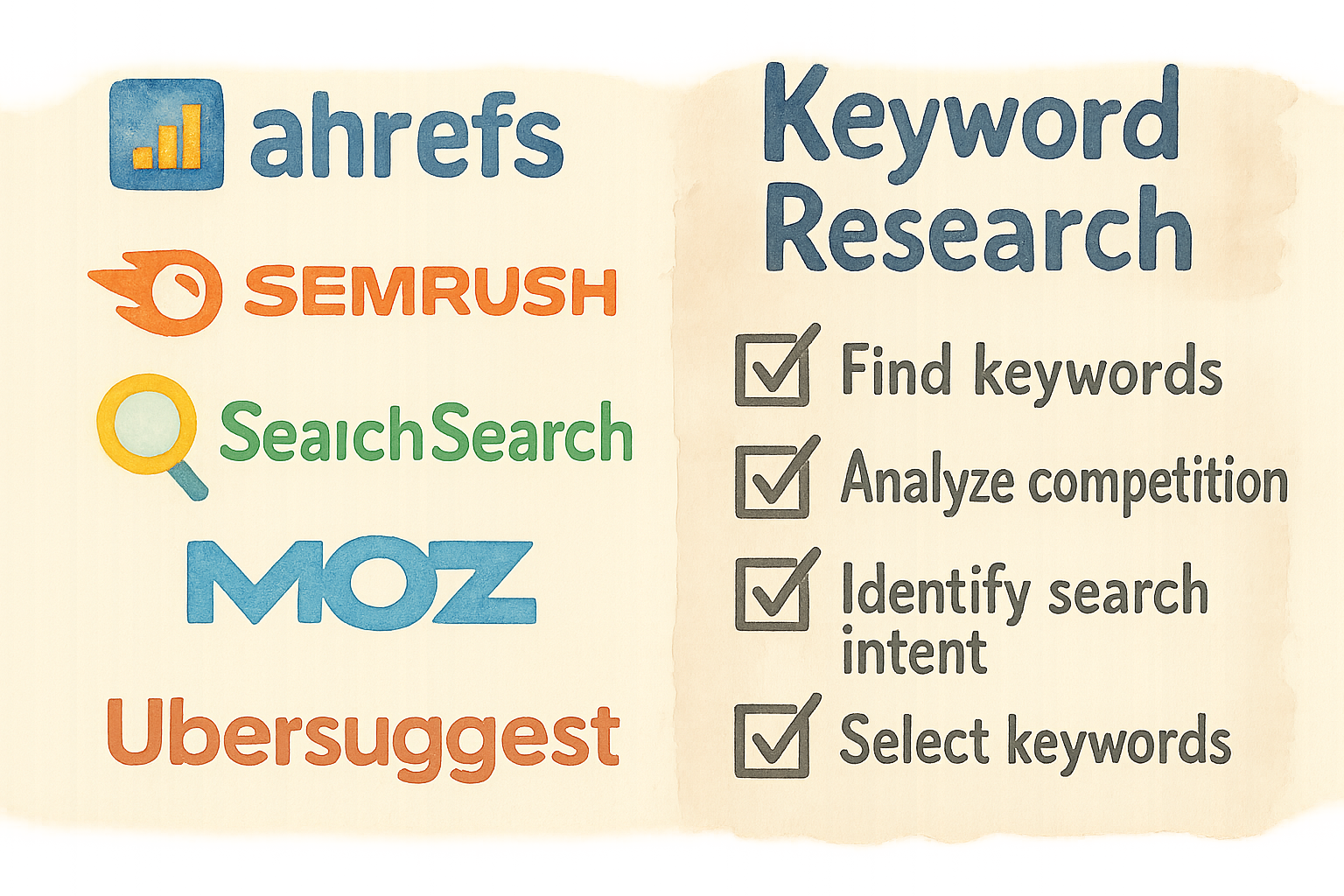 List of keyword tool logos and a checklist for research steps