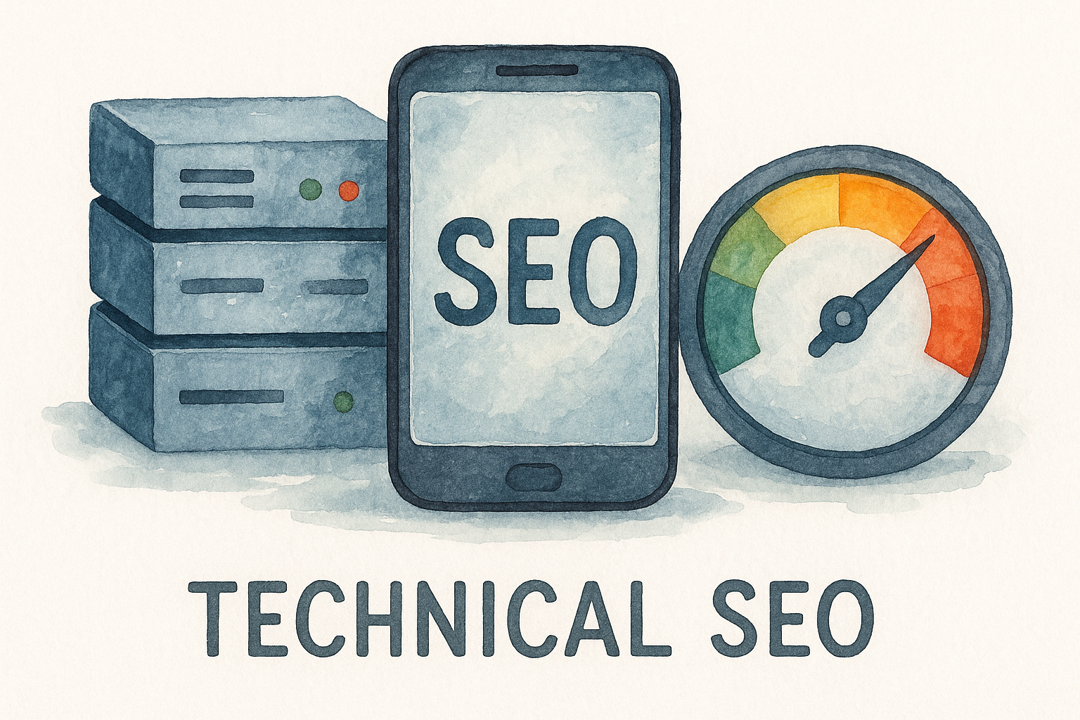 Illustration of technical SEO elements: server, mobile, speedometer