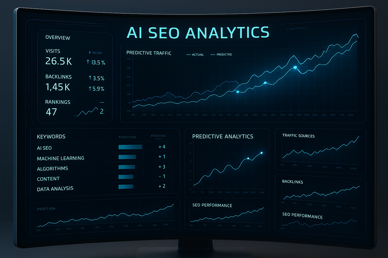Futuristic dashboard showing AI SEO analytics with predictive graphs