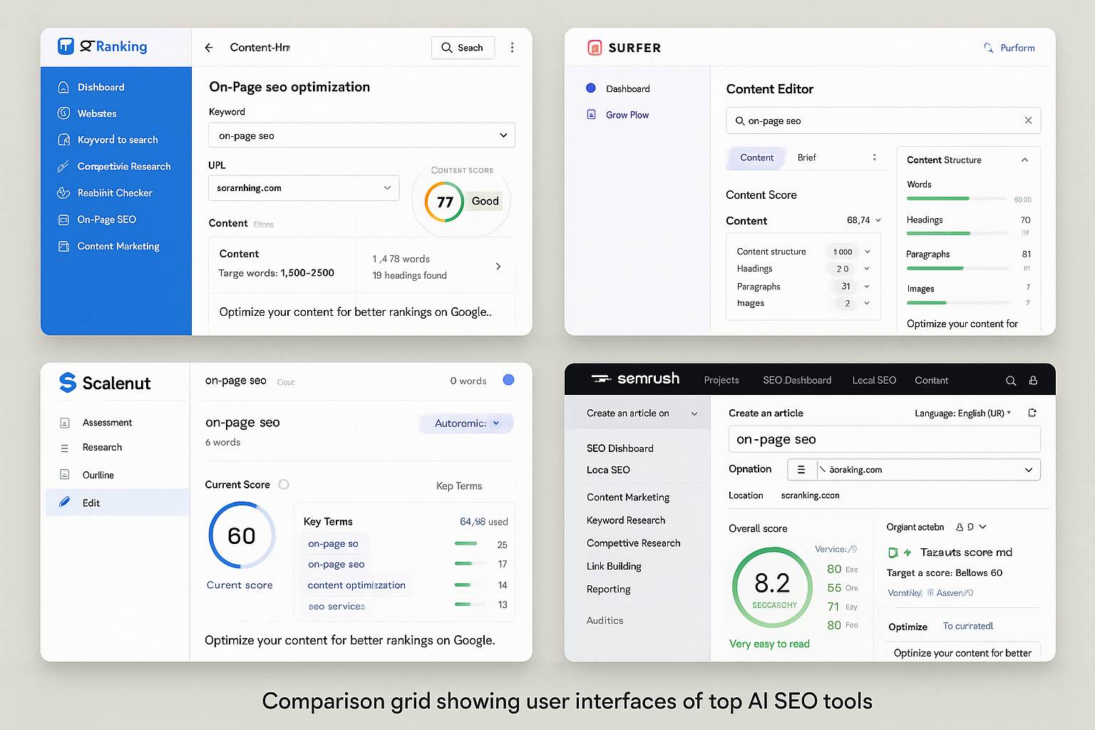 Comparison grid of leading AI SEO software user interfaces