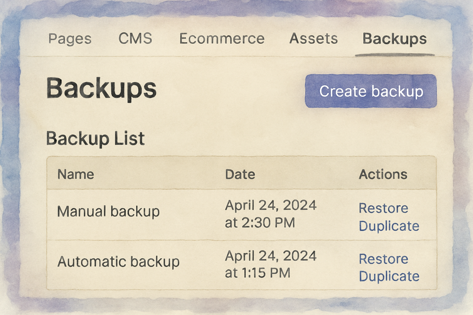 Screenshot placeholder showing the Webflow Backups tab UI with backup list and options. Alt: Webflow backups interface highlighting manual and automatic backups