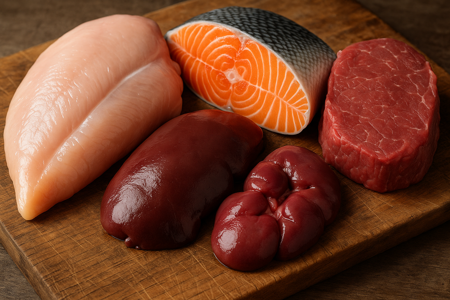 Close-up of raw animal proteins like chicken, fish, and organ meat on a butcher block — high-detail food-photo for a pet nutrition piece.