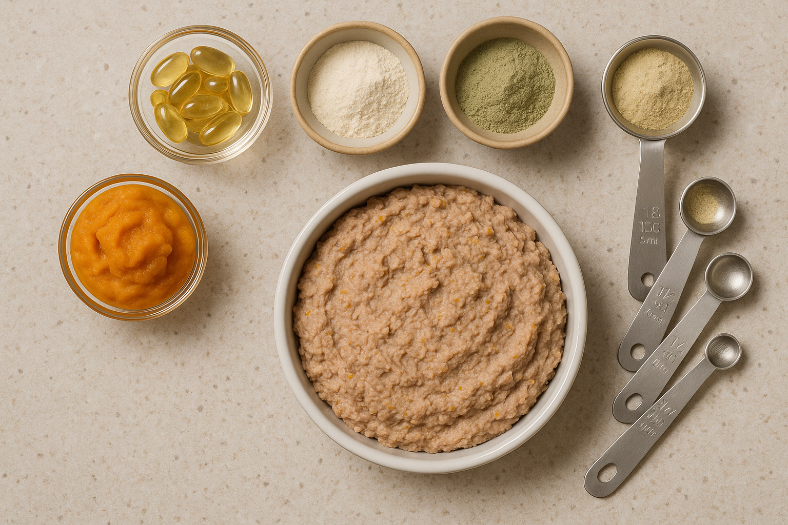 A tasteful flat-lay of homemade cat food prep with measured supplements — descriptive alt text: