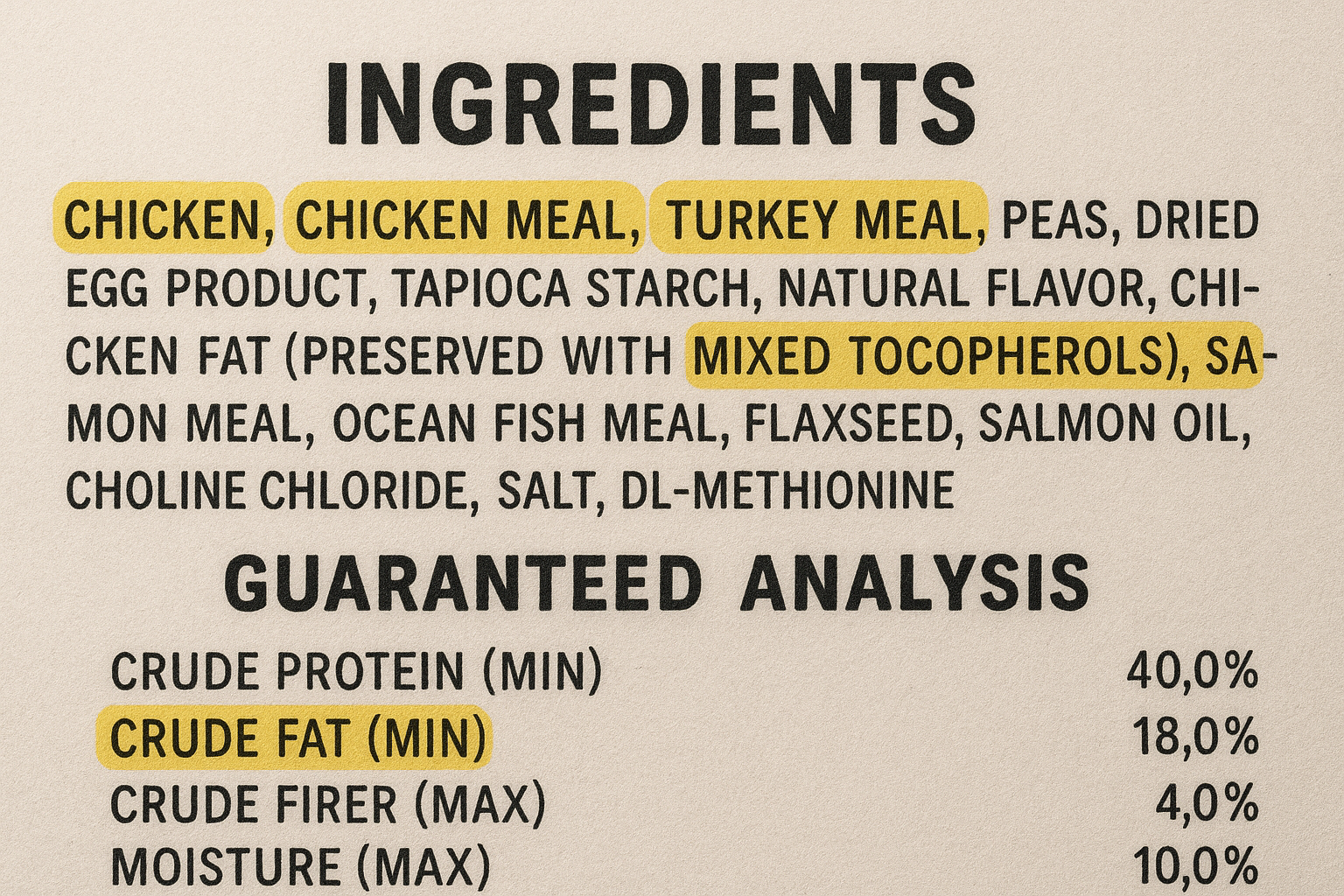 Close-up of a kibble bag ingredient list with key terms highlighted — alt text: