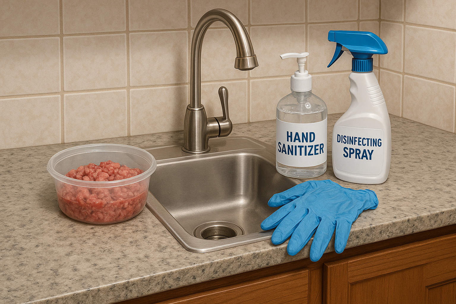 Kitchen sink with raw pet food handling setup, gloves and sanitizing supplies — alt text: