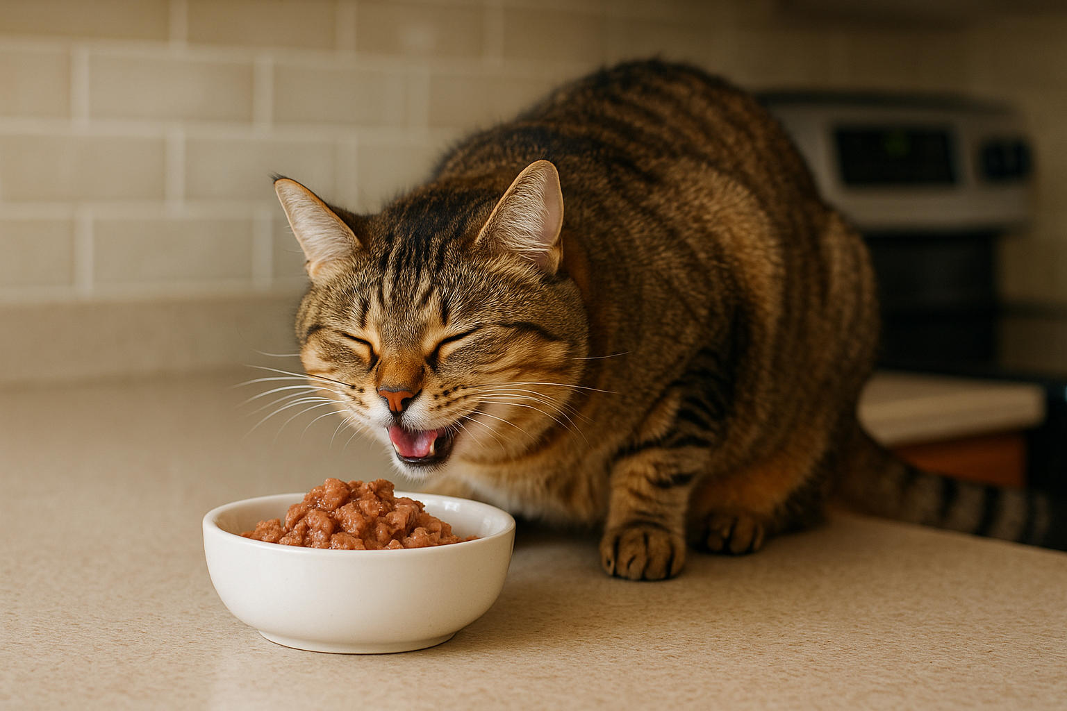 A happy indoor cat eating wet food from a ceramic bowl on a kitchen counter — alt text: