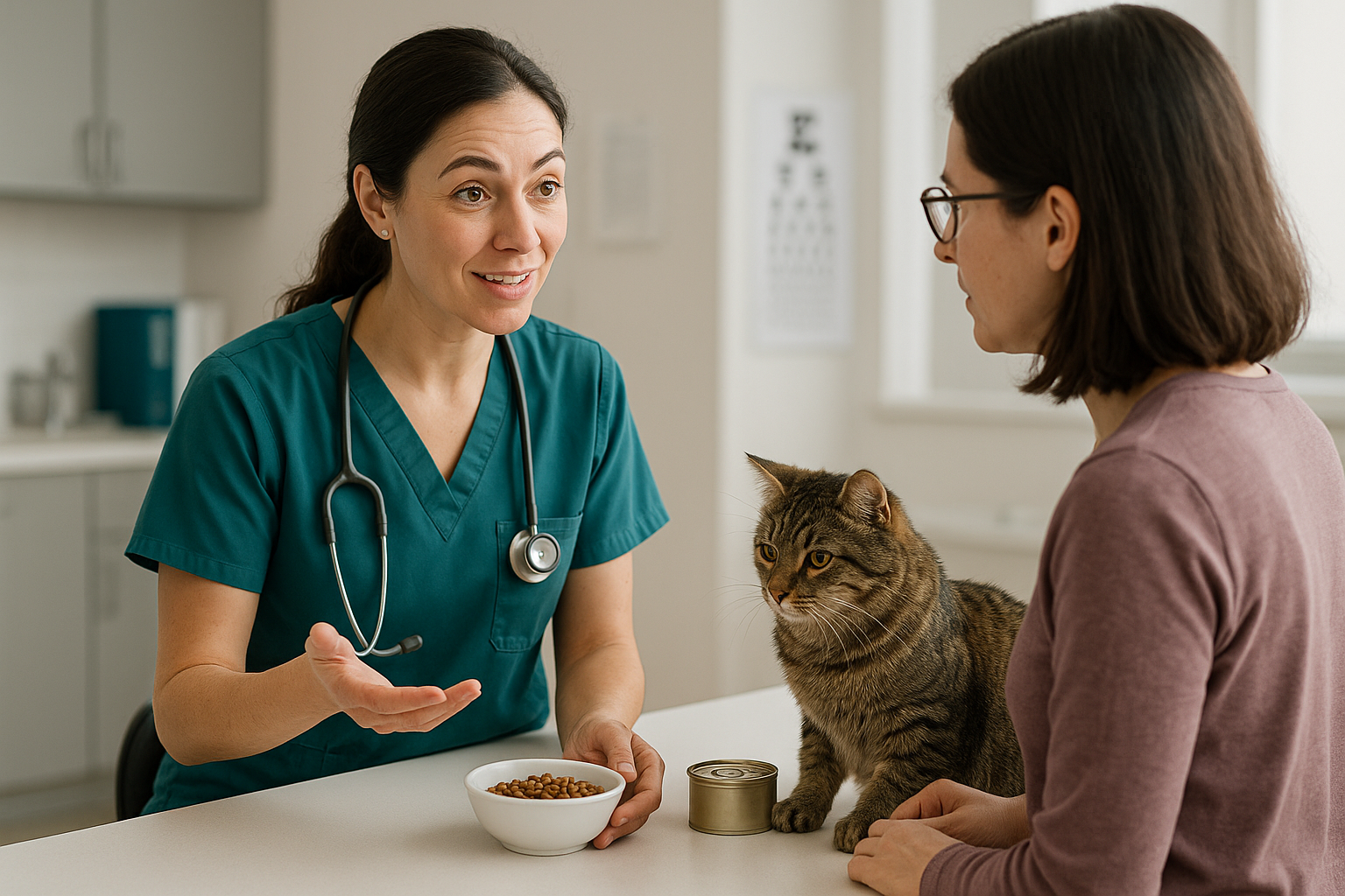 A veterinarian discussing diet with a cat owner in a clinic setting — alt text: