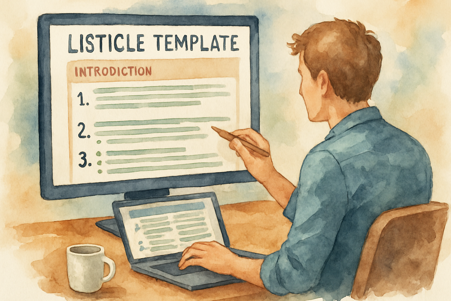 Illustration of a well-structured listicle template being crafted by a digital marketer. Alt: Example of a listicle template layout for SEO optimization.