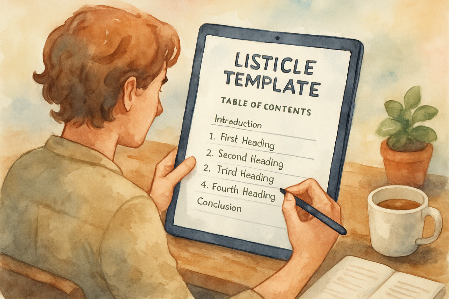 A content writer planning a structured listicle template on a digital device with a table of contents visible. Alt: Creating a detailed listicle template for SEO optimized blog posts.