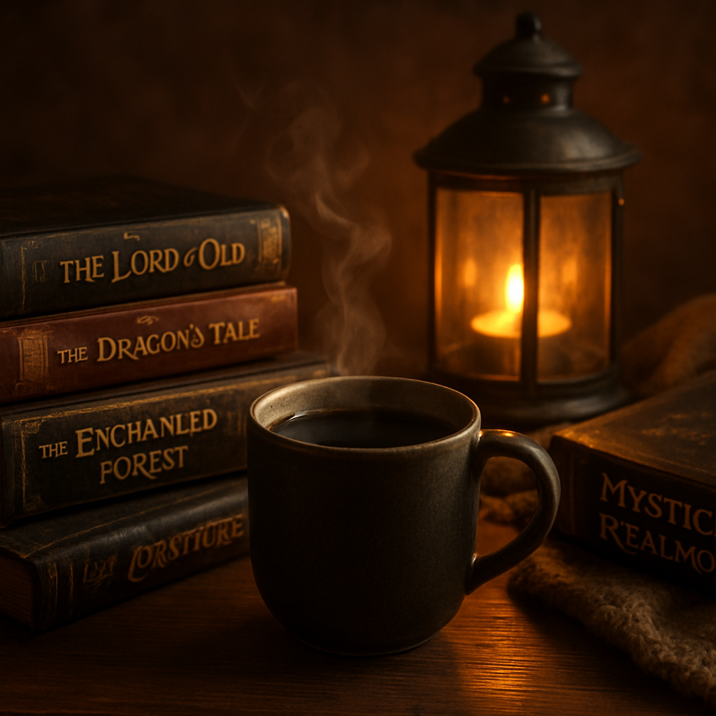 A cozy reading nook with a steaming mug of dark roast coffee, surrounded by fantasy books and a softly glowing lantern. Alt: themed coffee reading nook immersion