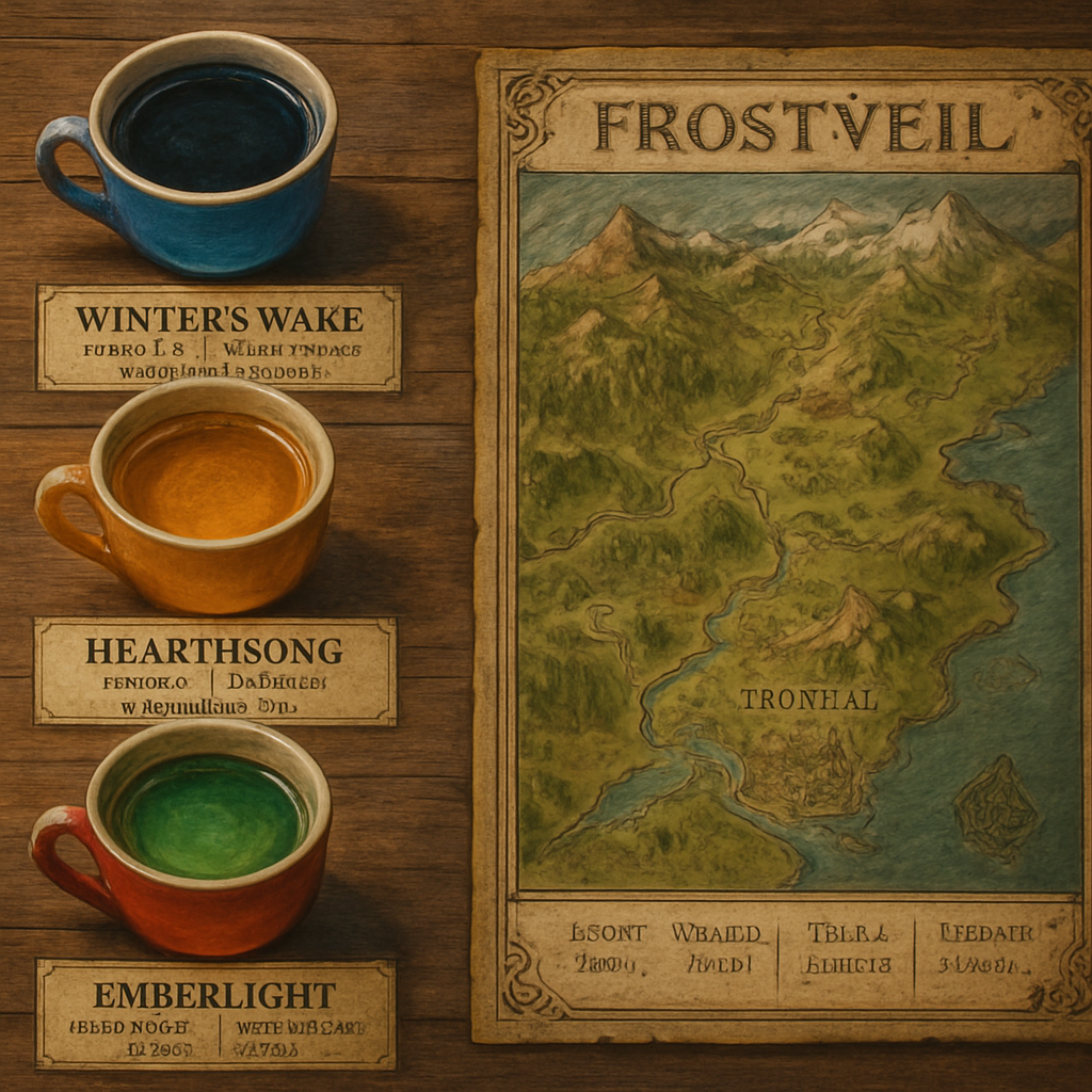 An illustrated table of coffee blends beside a fantasy map, each cup glowing with colors that match its flavor profile. Alt: Themed coffee comparative chart for Frostveil blends, showing roast level, flavor notes, and narrative mood.