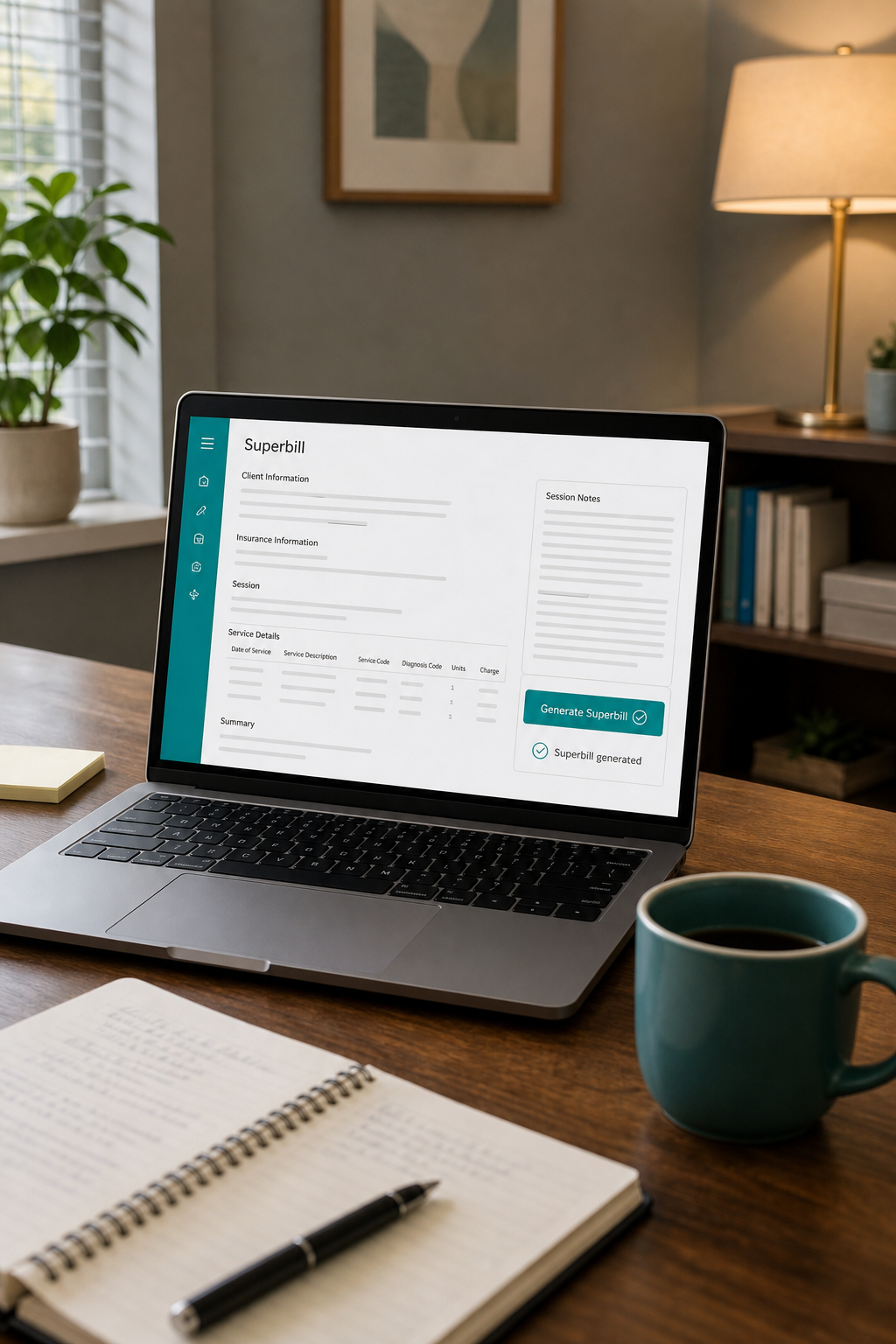 A therapist's desk with a laptop open to an EHR showing a generated superbill, with a cup of coffee and notebook nearby. Alt: EHR software displaying a superbill automatically generated from session notes.