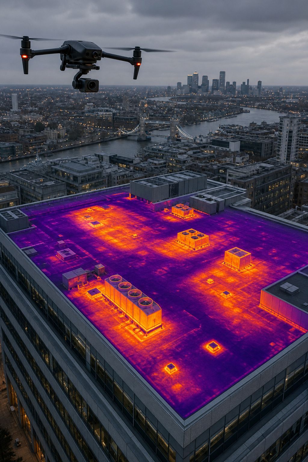 A drone equipped with a thermal camera hovers above a large commercial building with a flat roof, capturing infrared data. The building is modern with several HVAC units on the roof. Alt: Drone thermal imaging survey of a commercial building roof.