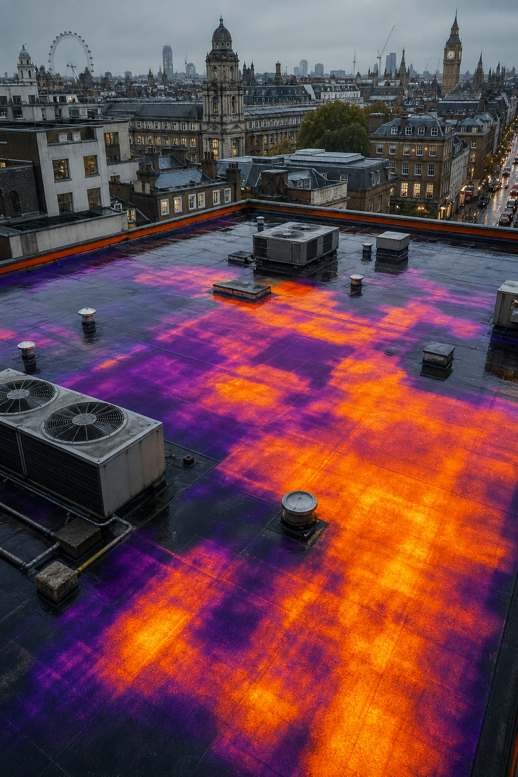 A large flat commercial roof with visible wet insulation areas shown in contrasting colors from a thermal imaging overlay. The roof has several HVAC units and vents. Alt: Thermal imaging detecting trapped moisture in flat roof insulation.