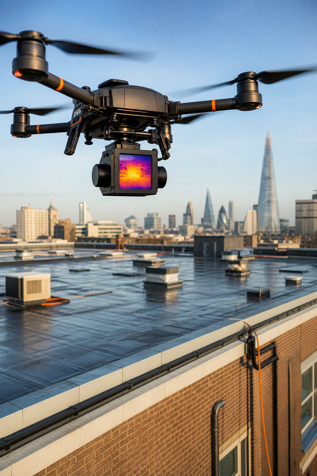 A high-resolution thermal camera mounted on a drone hovering above a commercial flat roof with a clear sky. Alt: Drone thermal imaging equipment for commercial building moisture detection.