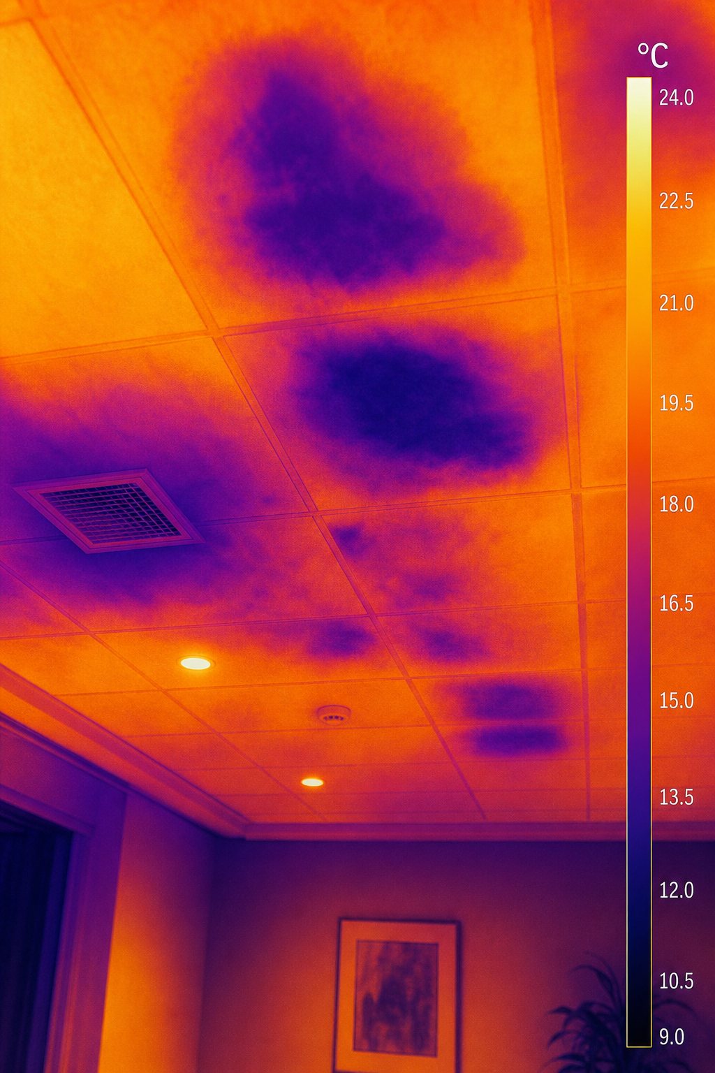 A thermal image of a ceiling with distinct cool patches indicating hidden moisture, with a colour palette showing temperature gradients. Alt: Thermal pattern interpretation for moisture detection in a commercial building ceiling.