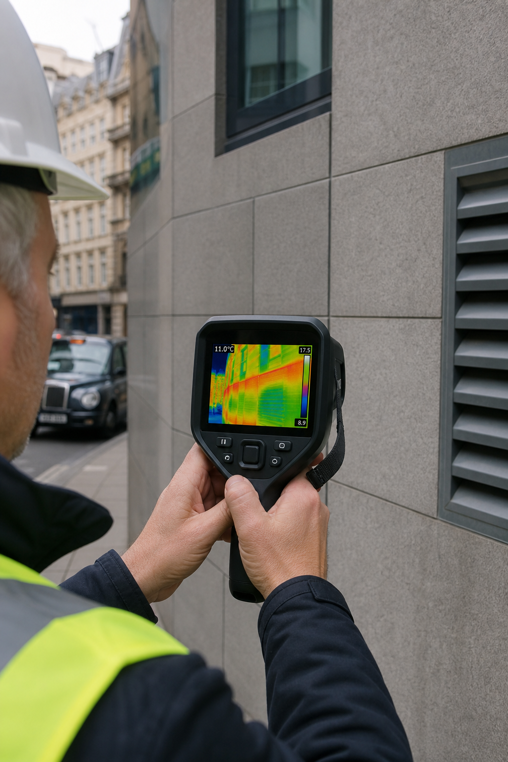 A photorealistic image of a thermographer using a handheld thermal camera to inspect a commercial building wall, with colour-coded temperature overlay visible on the camera screen. Alt: Handheld thermal imaging survey of a commercial building.