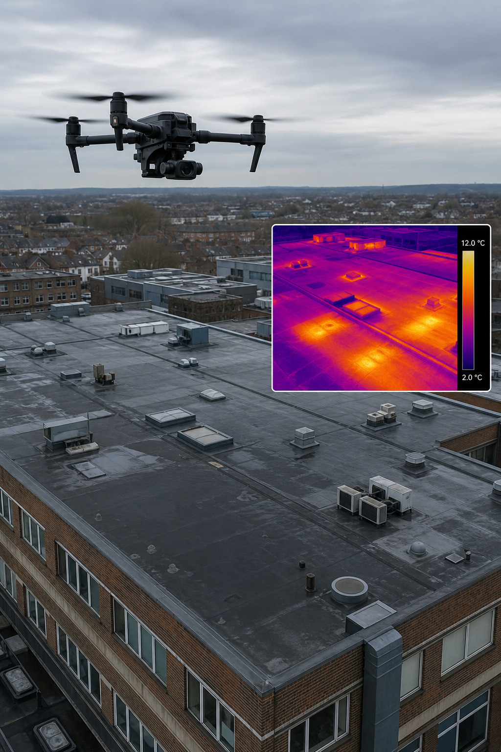 A photorealistic thermal drone flying above a commercial flat roof, with an inset showing the thermal image overlay. Alt: Drone-based thermal imaging survey of a commercial roof.
