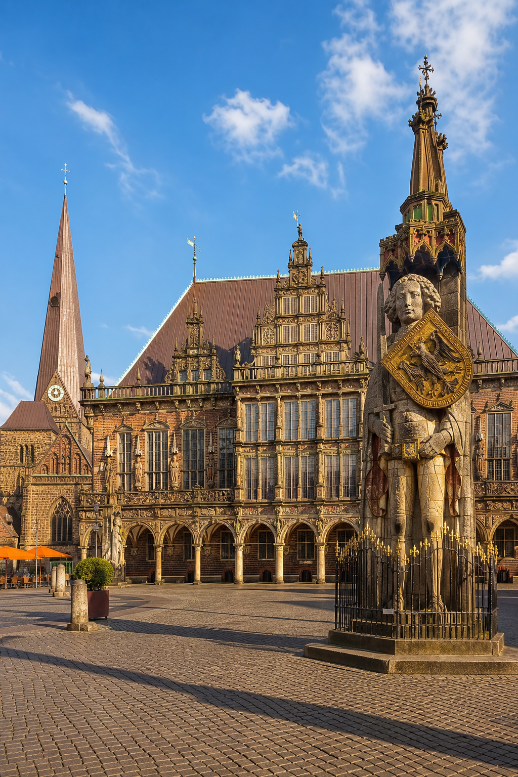 A wide-angle photorealistic shot of Bremen's Gothic Town Hall facade and the tall Roland statue on the sunlit market square, with blue sky and cobblestones in the foreground