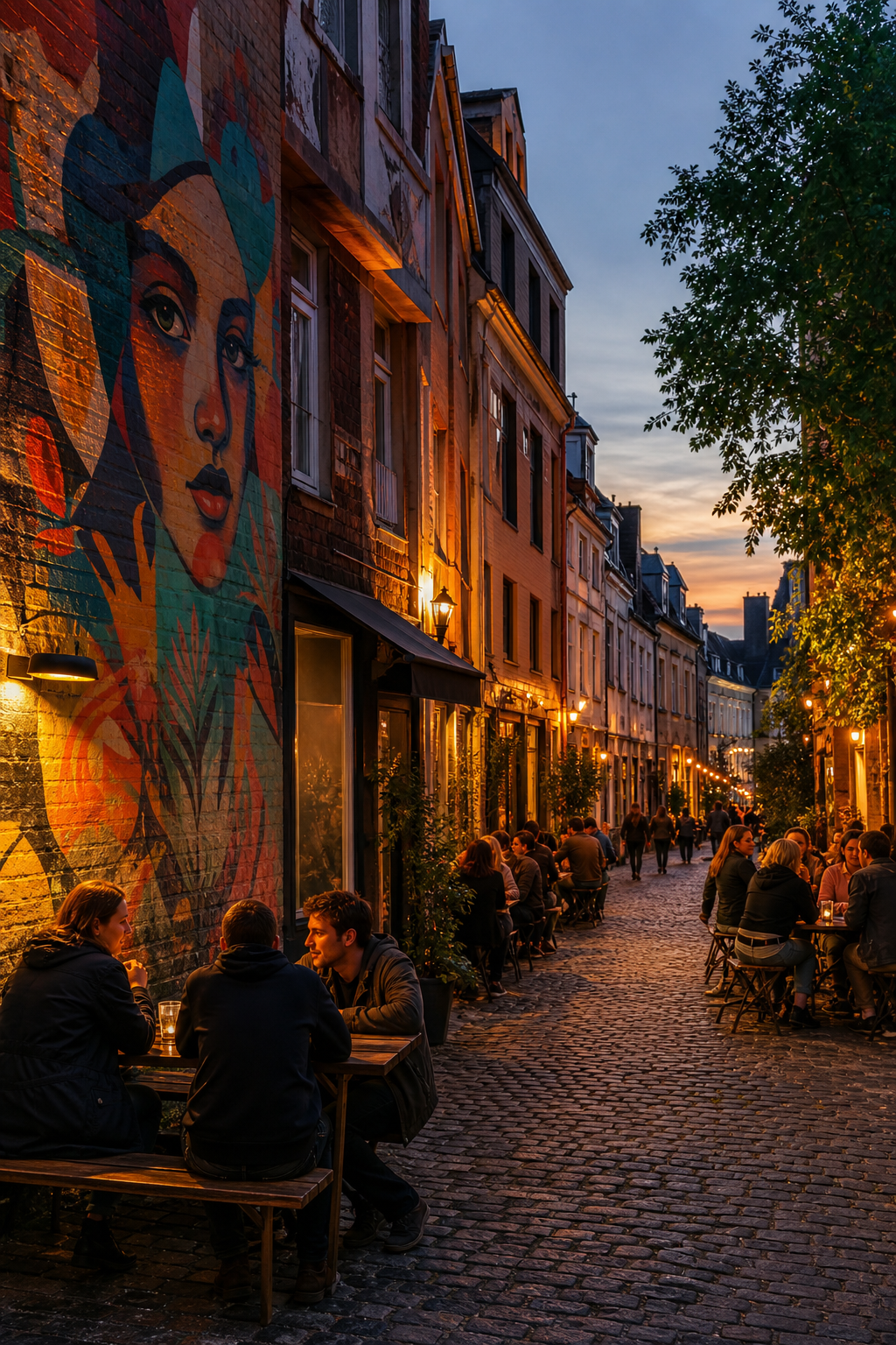 A photorealistic street-level view of the Viertel district in Bremen at dusk, showing a colourful mural on a brick wall, independent cafe lights glowing, and locals sitting outside on a cobblestone street