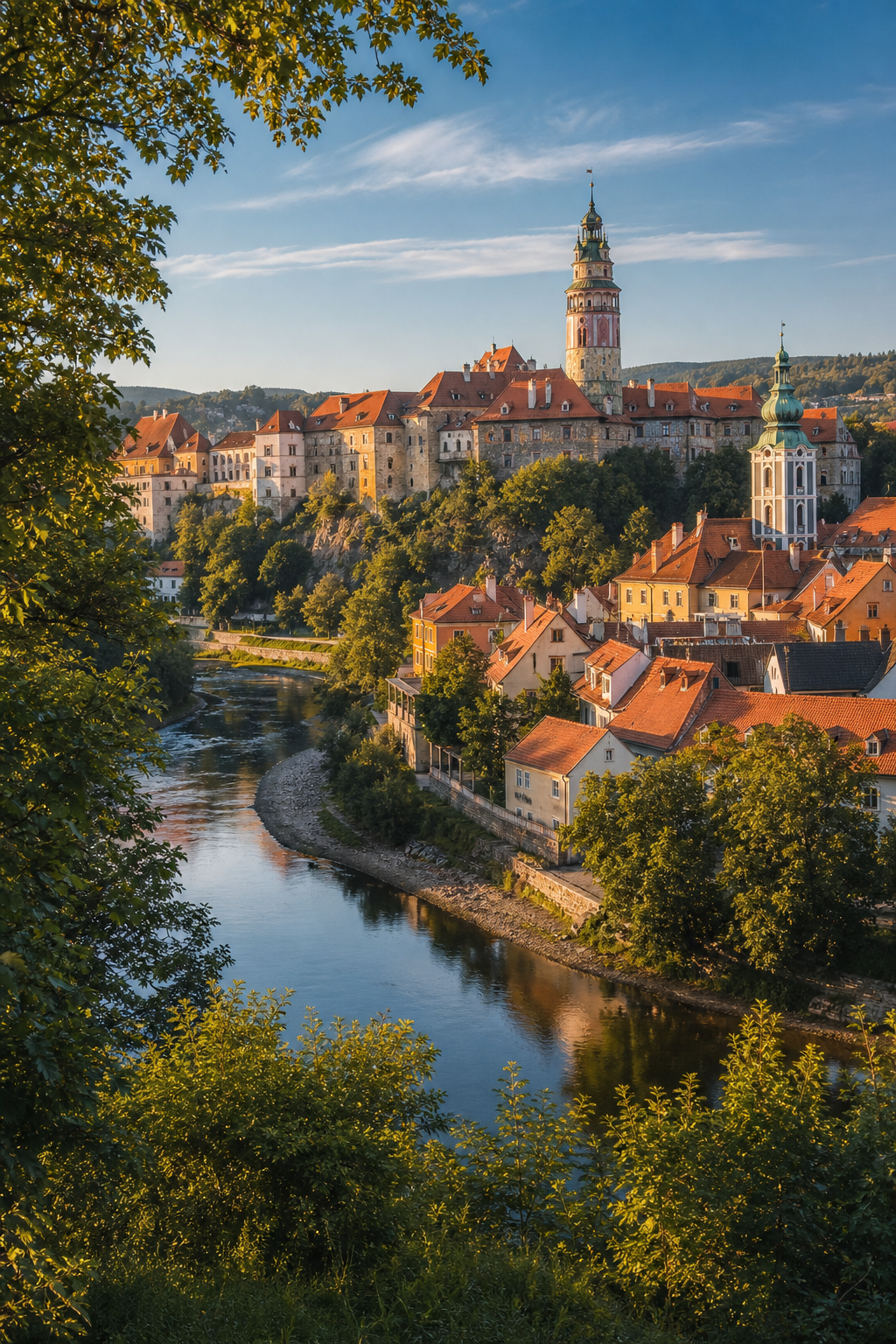 A wide-angle realism photo of Český Krumlov Castle tower rising above terracotta rooftops, surrounded by a bend in the Vltava River on a clear summer morning, warm golden light