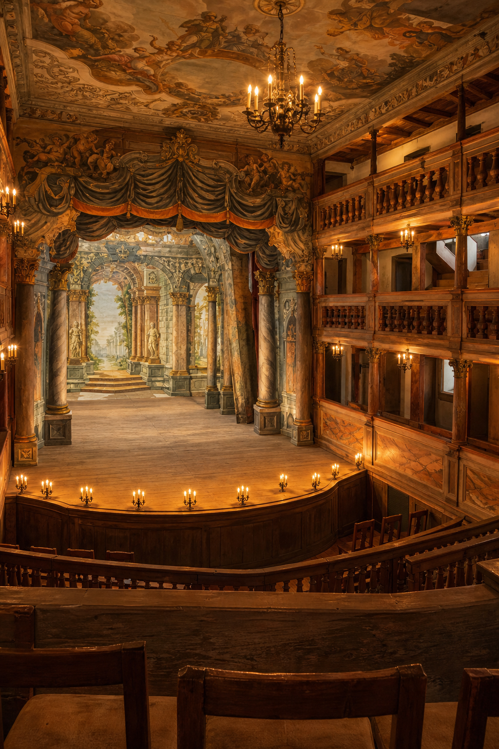 A realism-style interior view of a historic Baroque theatre stage with ornate painted scenery, candlelit chandeliers, and tiered wooden gallery seating in warm amber tones