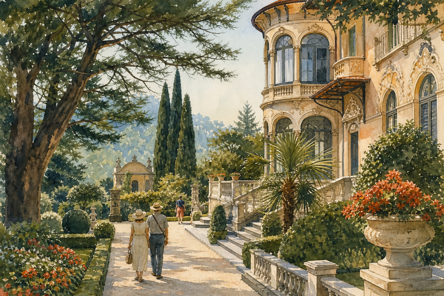 Watercolor historic villa garden near Lake Como.