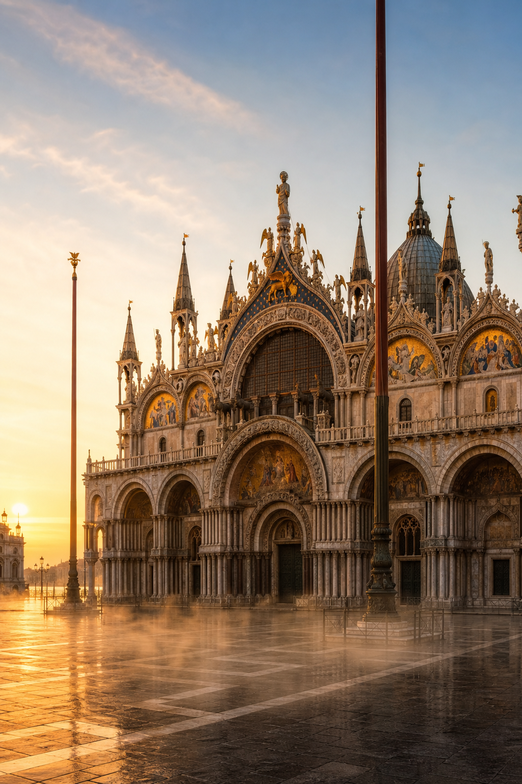 A photorealistic 16:9 wide-angle shot of St. Mark's Basilica facade at early morning golden hour, Byzantine mosaics glowing, near-empty piazza with soft mist rising from the stones