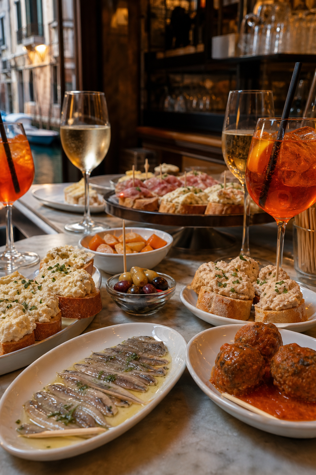 A photorealistic 16:9 close-up of a marble bar counter covered in small plates of cicchetti , baccalà mantecato on bread, marinated anchovies, polpette , with glasses of spritz and prosecco. Warm evening bar lighting