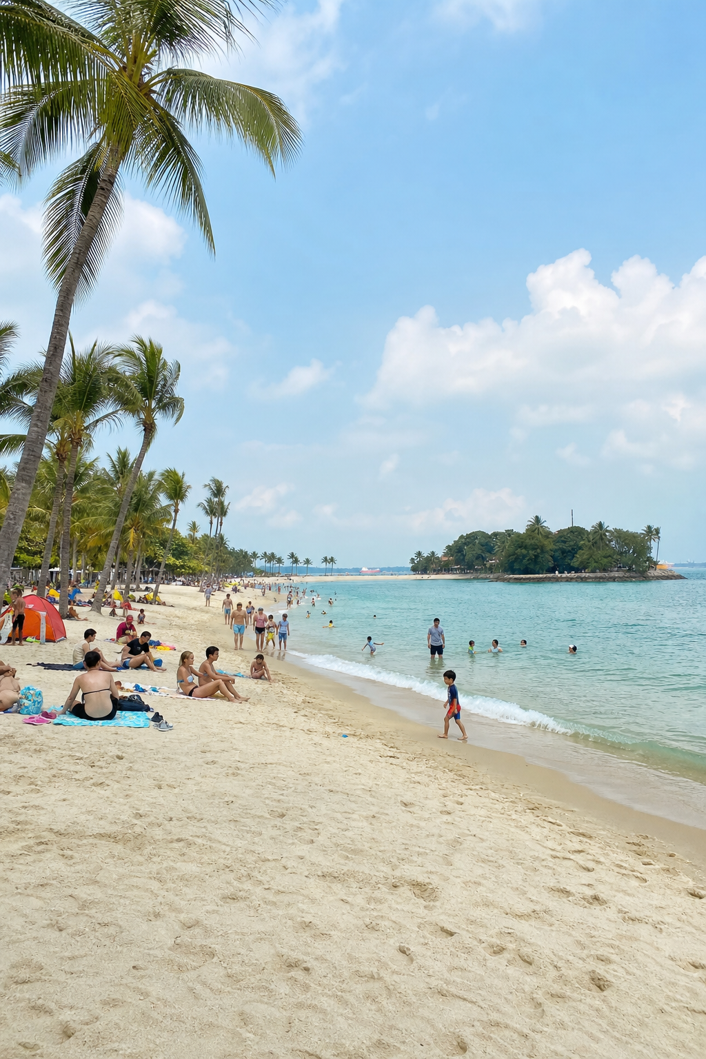 A photorealistic wide-angle shot of Siloso Beach on Sentosa Island, showing golden sand, calm turquoise water, and a few palm trees, with people relaxing on beach towels and kids playing in the shallow waves. Alt: Siloso Beach on Sentosa Island with families enjoying the sun and sea.